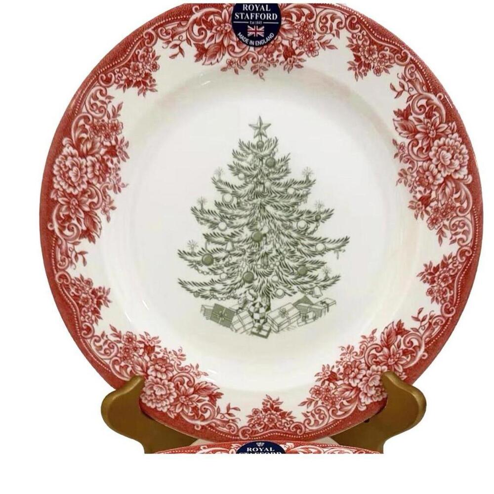 Royal Stafford Christmas Tree Green and Red Border Dinner Plate 11”